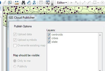 GIS Cloud Publisher for ArcMap: selecting layers to upload with data and symbols