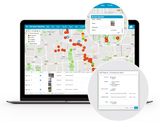 GIS Cloud Crowdsourcing: moderating submissions on a laptop with the Edit Feature panel
