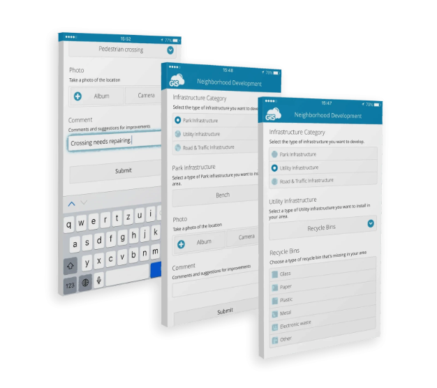 GIS Cloud Crowdsourcing: public reporting forms on three phones