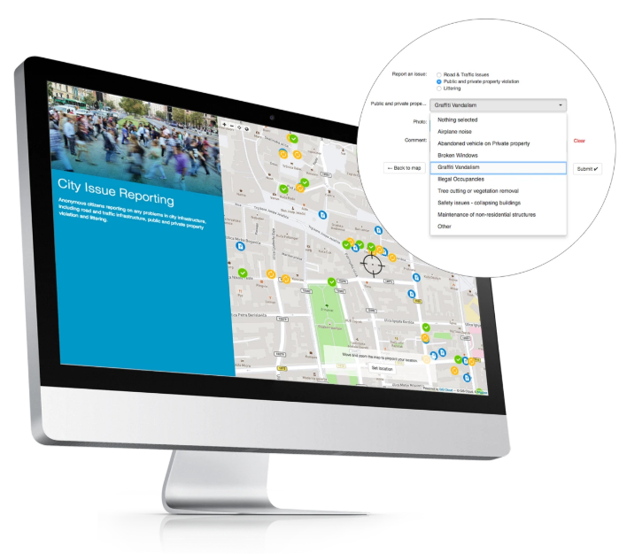 GIS Cloud Crowdsourcing: City Issue Reporting web app on an iMac with map and reporting form