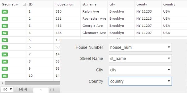 GIS Cloud Geocoder: geocoded table with city, county and country fields appended, and column mapping