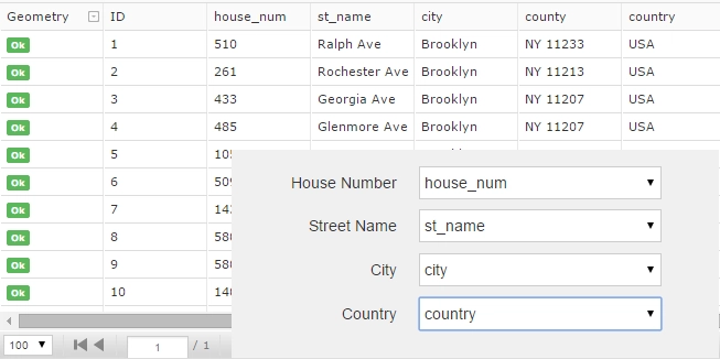 GIS Cloud Geocoder: geocoded table with city, county and country fields appended, and column mapping