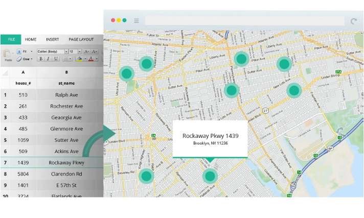 GIS Cloud Geocoder: an address spreadsheet geocoded into mapped points