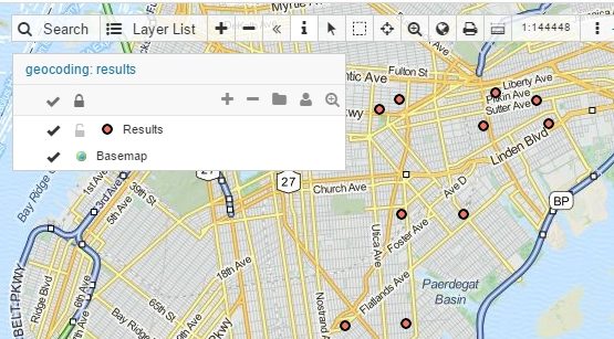 GIS Cloud Geocoder: geocoding results shown as pins on the map