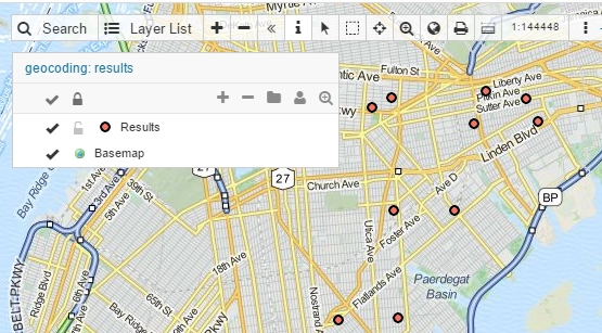 GIS Cloud Geocoder: geocoding results shown as pins on the map