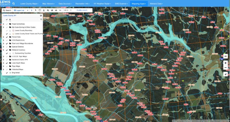 Lewis County, NY parcel and wetland map in GIS Cloud