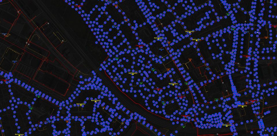 Aerial telecommunication network map with fiber and copper lines and signal-density heatmap