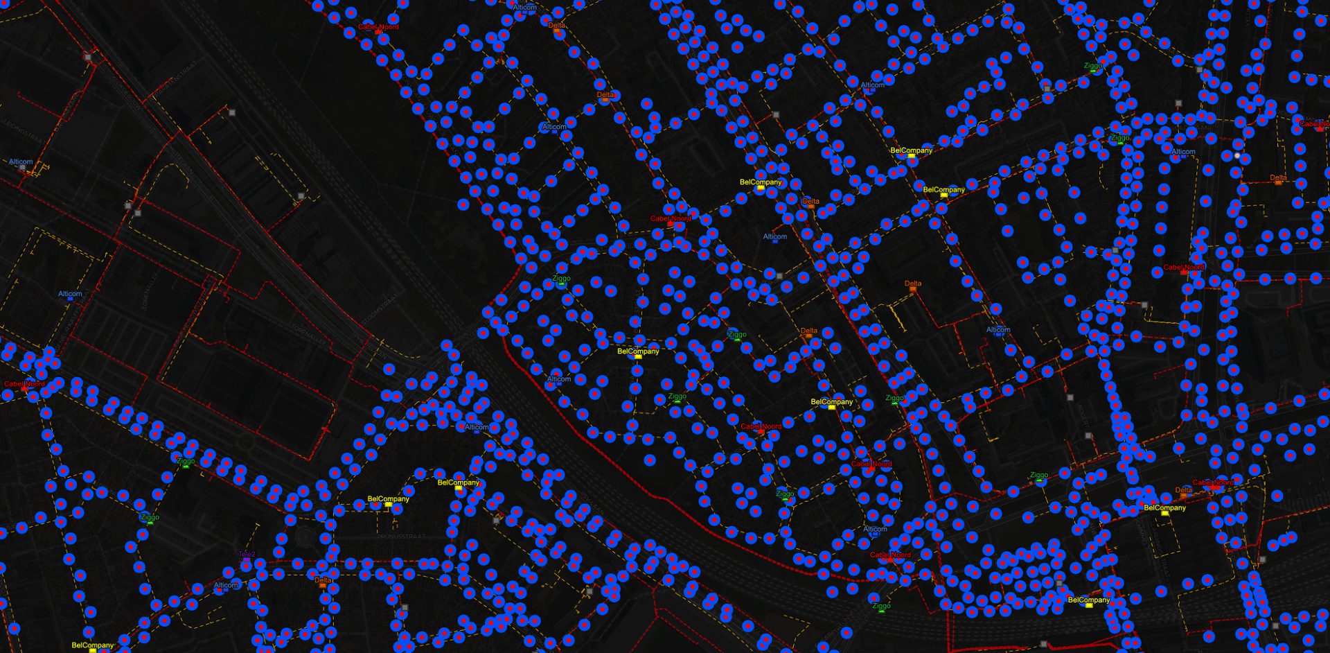 Aerial telecommunication network map with fiber and copper lines and signal-density heatmap
