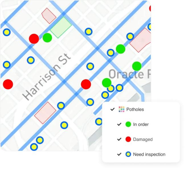 GIS Cloud Map Editor: road map with potholes classified by status: In order, Damaged and Need inspection