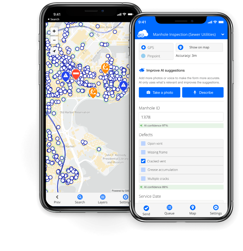 GIS Cloud Mobile Data Collection: map and AI Manhole Inspection form