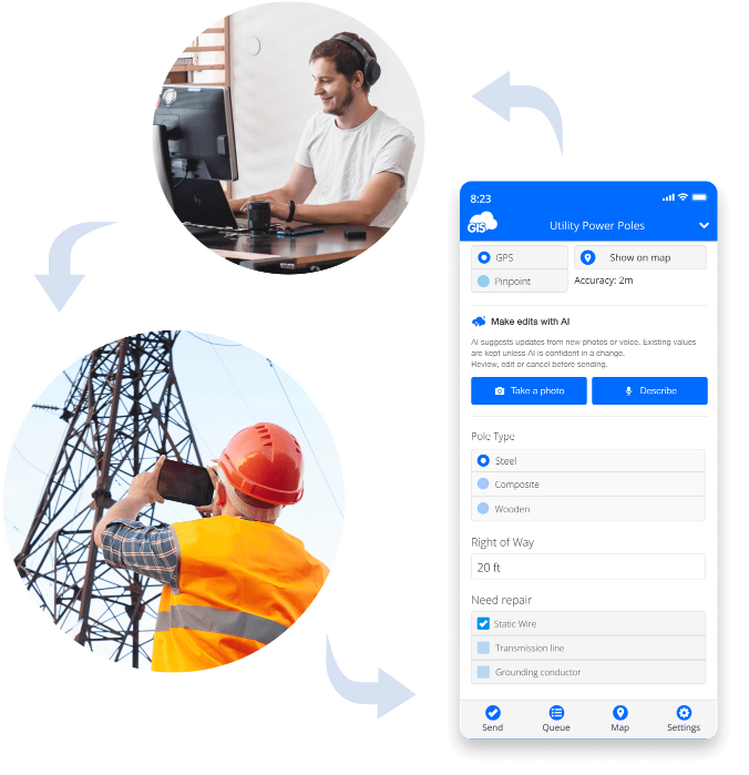 GIS Cloud Mobile Data Collection: share a Utility Power Poles form with office and field crew, edit with AI