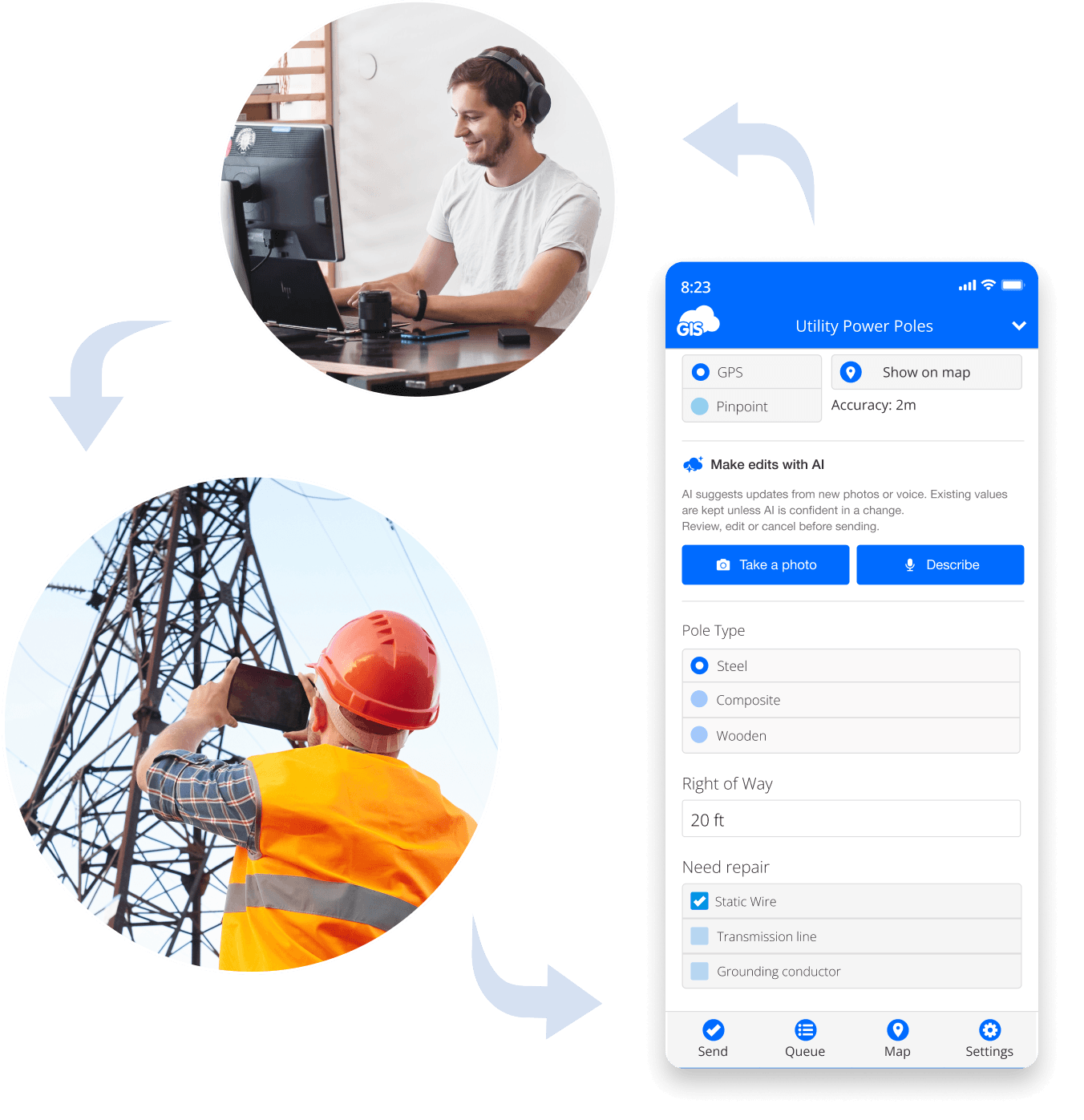 GIS Cloud Mobile Data Collection: share a Utility Power Poles form with office and field crew, edit with AI