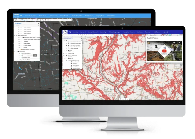 GIS Cloud Map Portal: Lewis County and Tug Hill public map portals on two desktop monitors