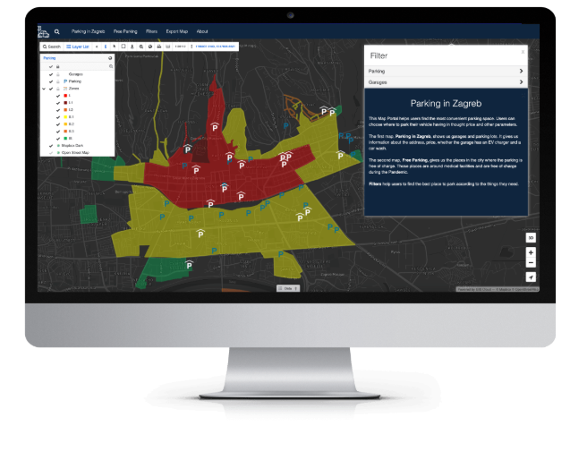 GIS Cloud Map Portal: Parking in Zagreb public map with filter panel