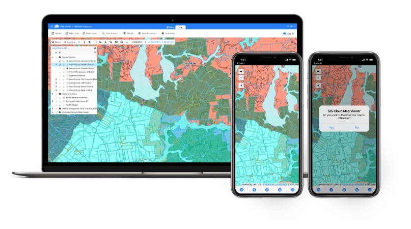 GIS Cloud Map Viewer, Lewis County map on laptop and two phones, with offline download prompt
