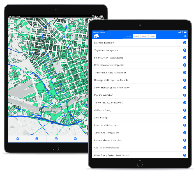 GIS Cloud Map Viewer on two tablets, a city building map and the My Maps project list