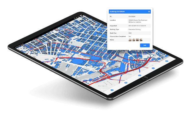 GIS Cloud Map Viewer on a tablet, Melbourne building map with a feature info popup
