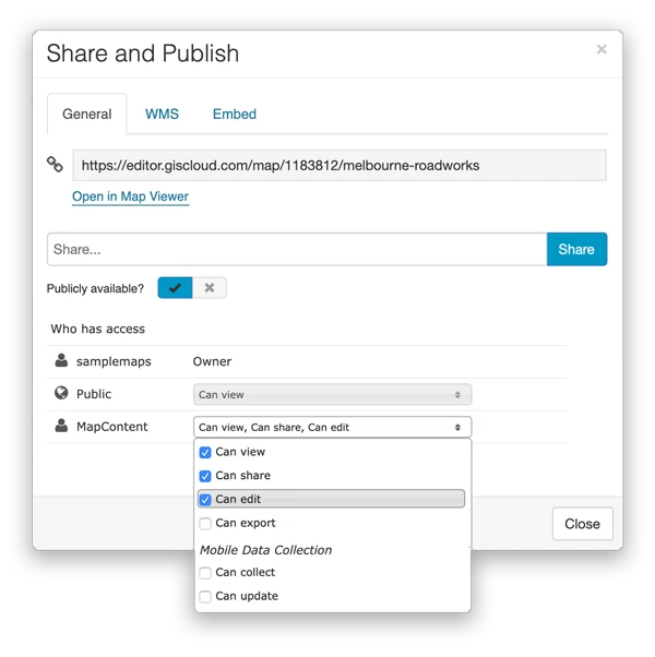 GIS Cloud Publisher for QGIS: Share and Publish dialog with access permissions