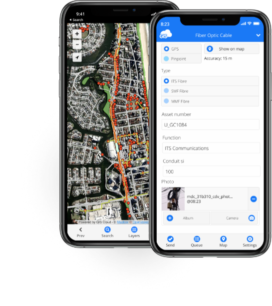 Fibre Optic Cable data-collection form and field map in the GIS Cloud mobile app