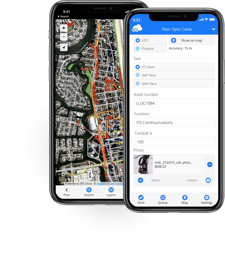 Fibre Optic Cable data-collection form and field map in the GIS Cloud mobile app