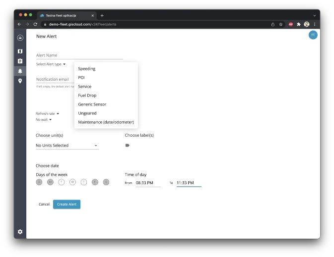 GIS Cloud Track: New Alert dialog with speeding, POI, service and fuel-drop alert types