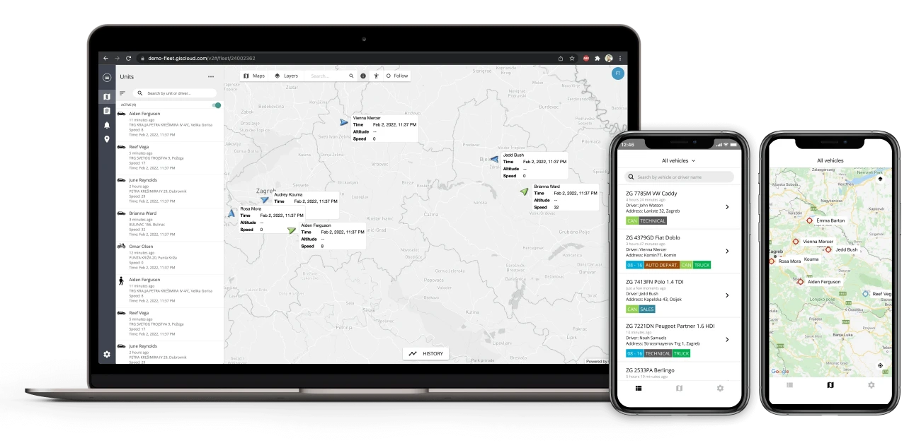 GIS Cloud Track: fleet on a live map across desktop and mobile