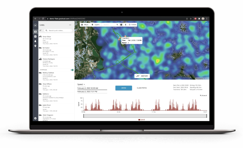 GIS Cloud Track: live fleet on the map with unit list, on desktop and two phones