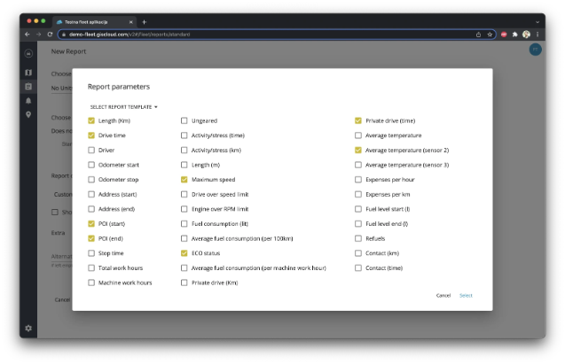 GIS Cloud Track: report parameters dialog for building a custom fleet report