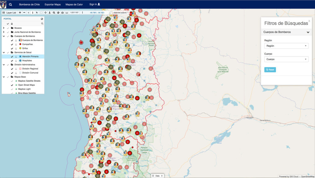 Firefighters of Chile departments - Map
