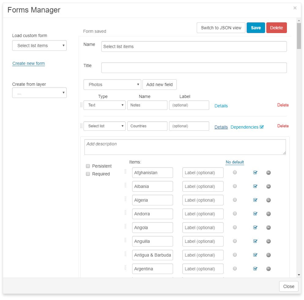 select list in Mobile Data Collection form via JSON - forms manager