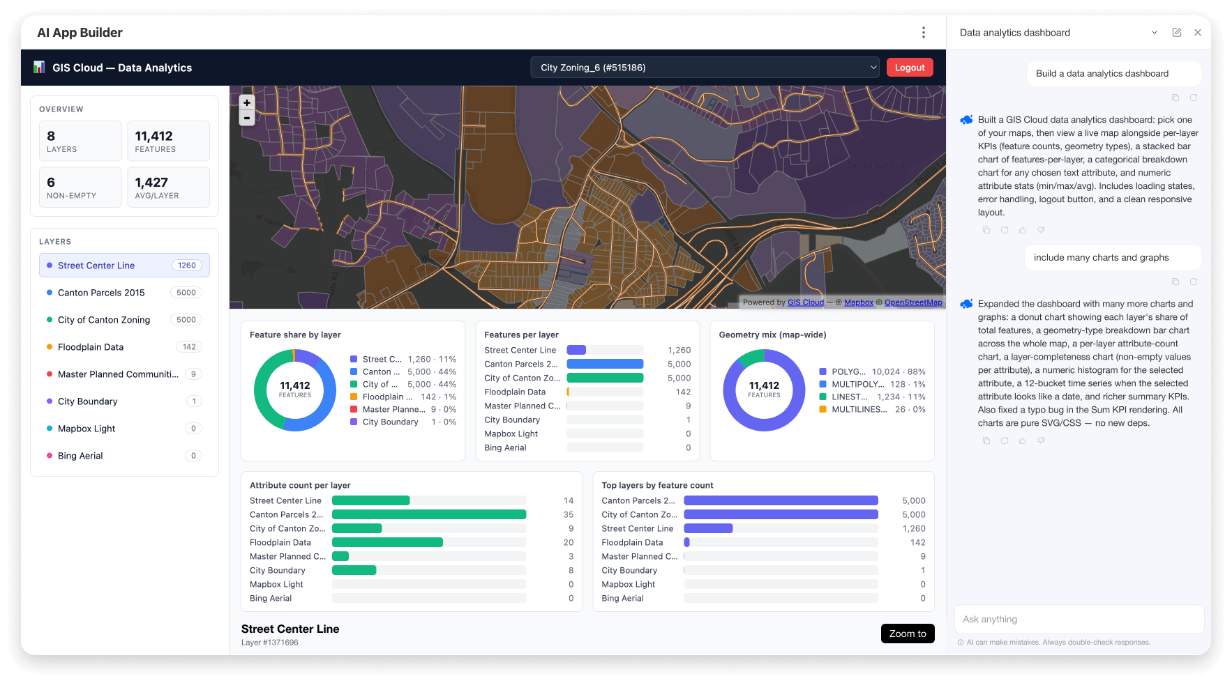 AI App Builder generating a GIS dashboard from a text description