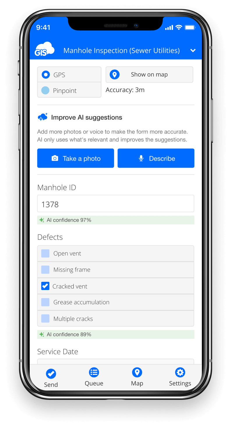 Mobile data collection form filled by AI from photo or voice