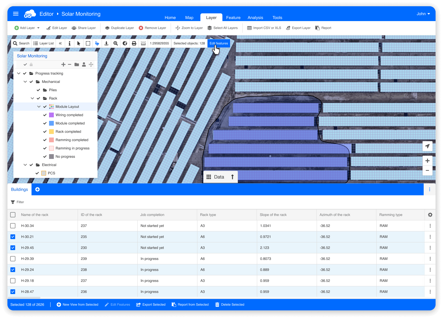 Selecting solar panel features with the lasso tool and clicking Edit features in GIS Cloud Map Editor