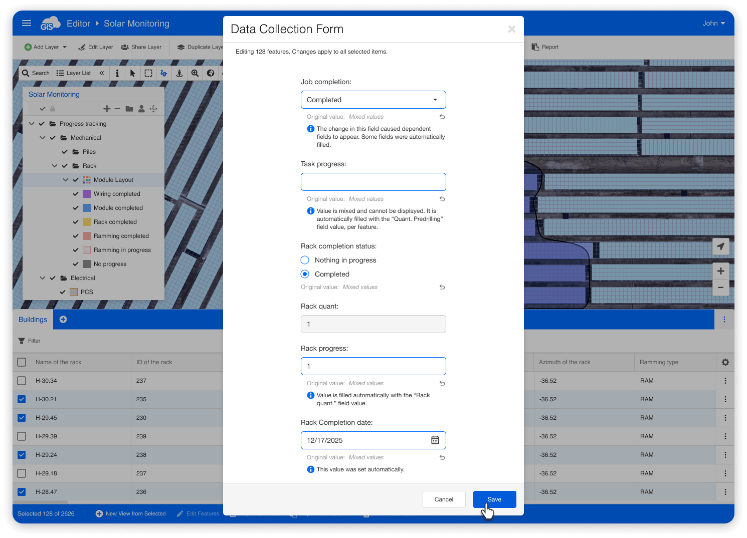 Bulk editing form showing status changed to Completed with auto-filled dates and per-feature progress calculations
