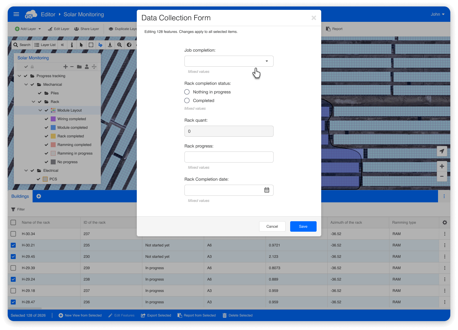 Inspection form panel opens in GIS Cloud Map Editor with multiple solar panel features selected
