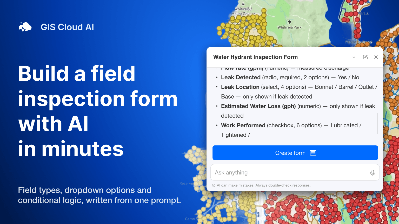 GIS Cloud AI proposing hydrant inspection form fields, with a Create form button