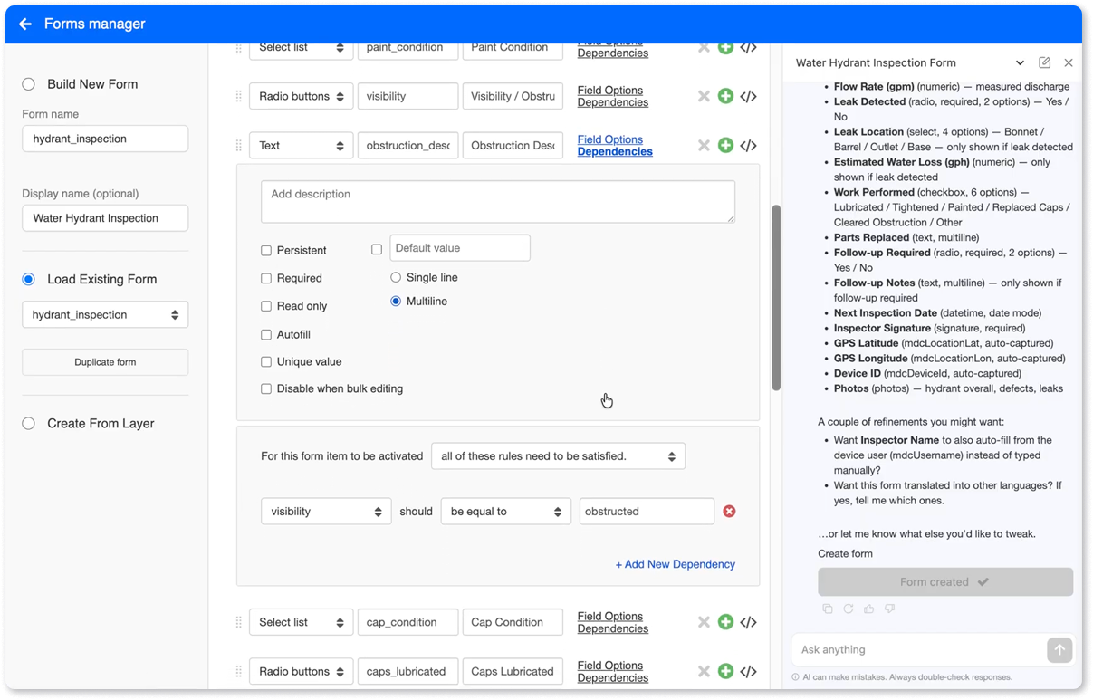 Forms manager showing a dependency rule: Leak Location appears only when leak_detected is yes