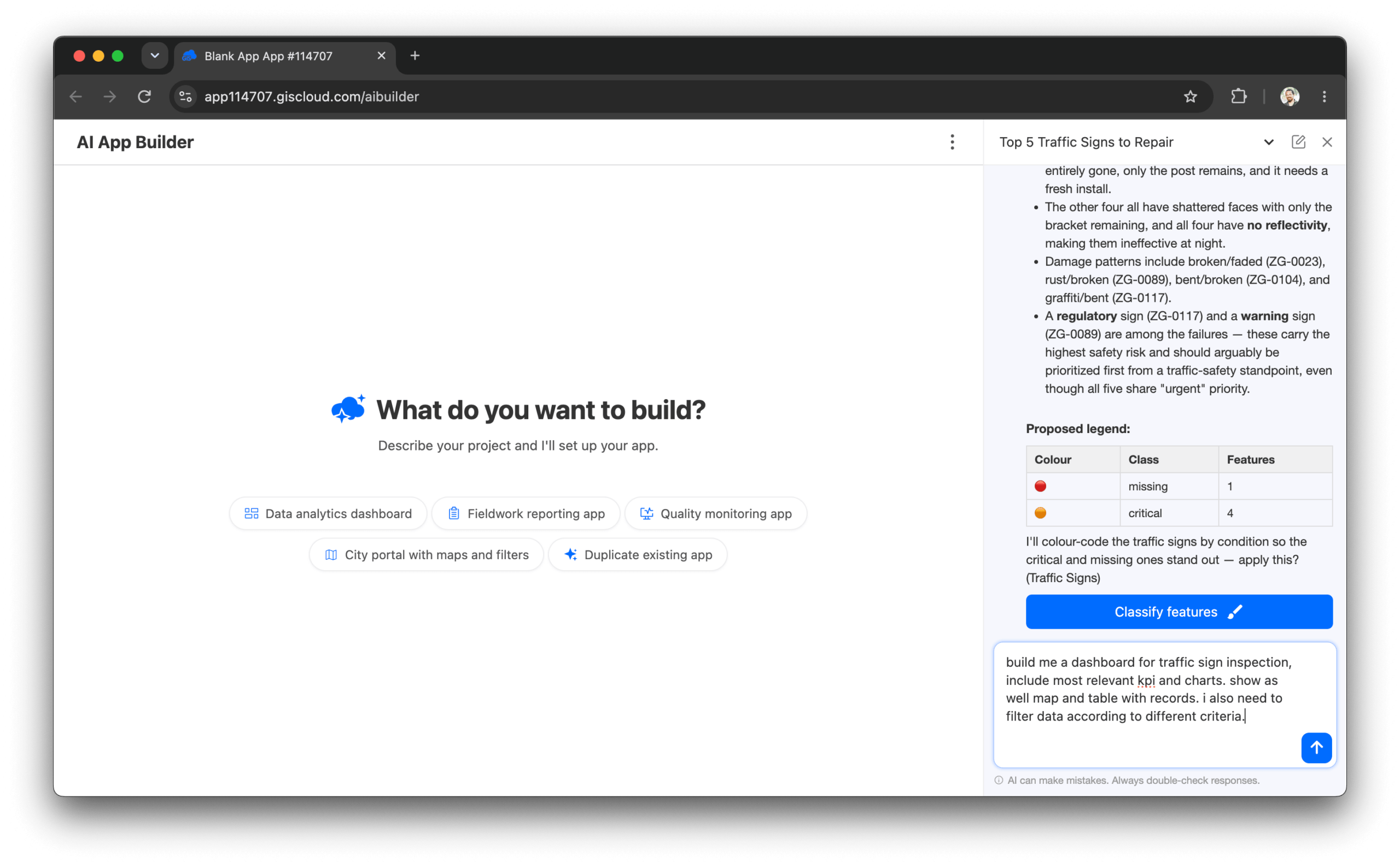 AI App Builder with the Map Editor conversation continued and the first dashboard prompt