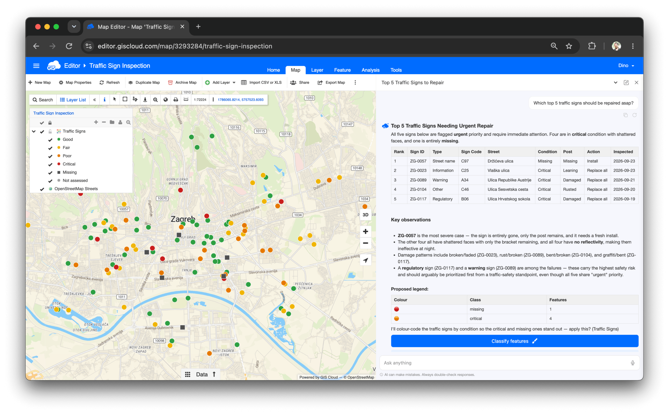 Ask AI in GIS Cloud Map Editor ranking the top 5 traffic signs that need urgent repair.