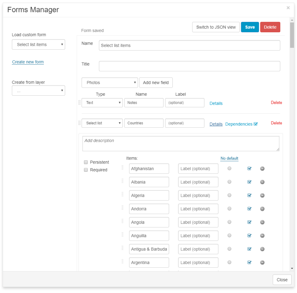 Forms manager. List in list json. Json forms. Json form input. New Management format.